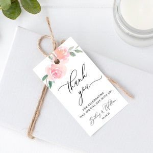 Printable Gift Favor Tags Template with Pink Roses Floral Watercolor, Wedding Gift Tags, Thank You Tags, Editable in 2 Sizes,  01D