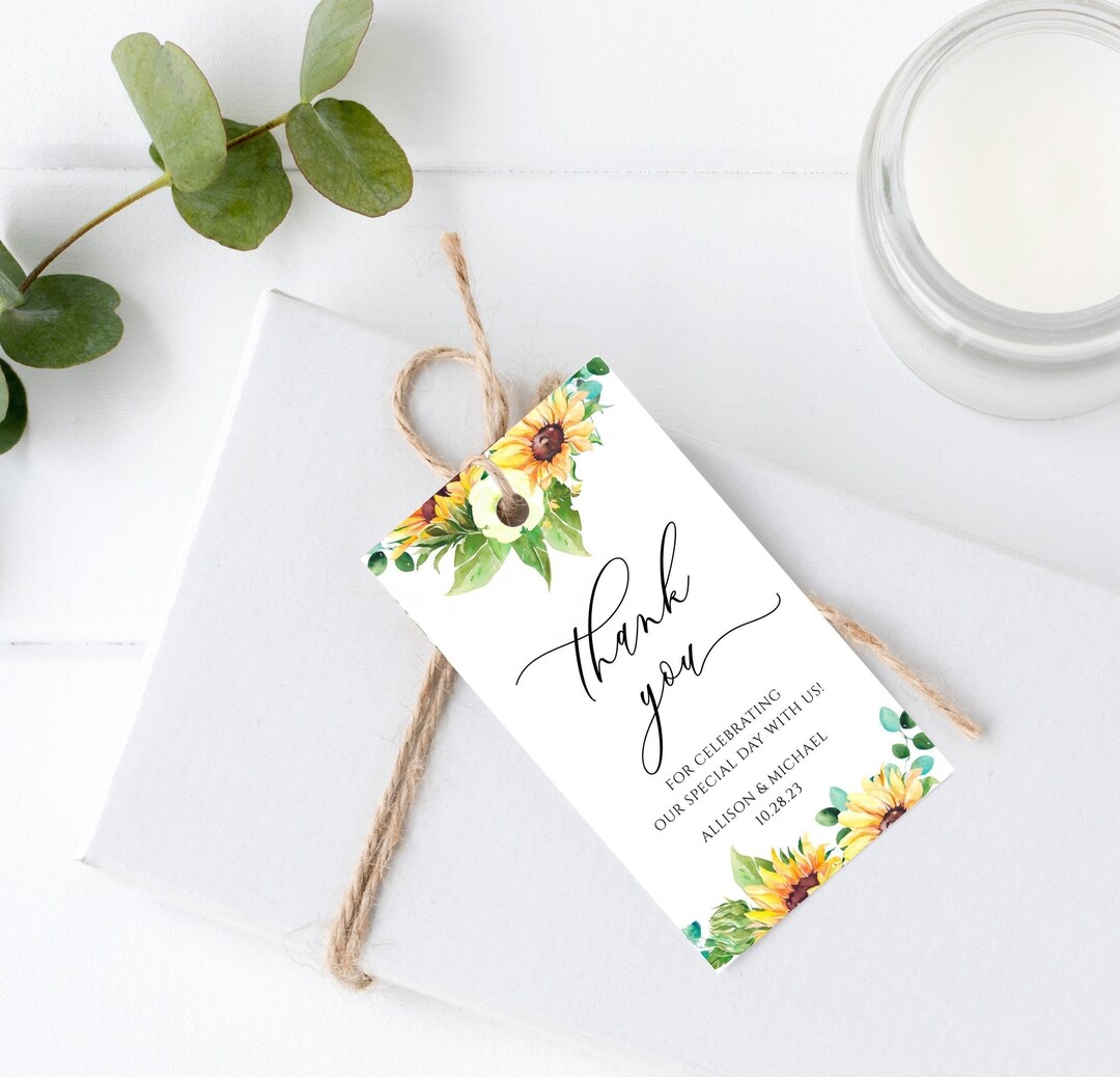 Sunflower Gift Tag Template, Wedding Thank You Tags, Shower Favor Tags