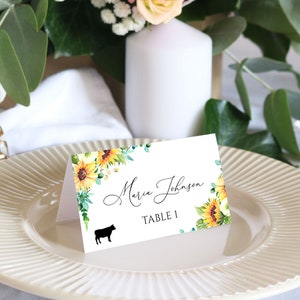 Sunflower Place Card Template With Meal Icons, Wedding Place Cards ...