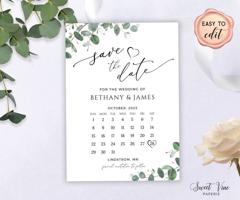 Greenery Save The Date Template, Calendar Save The Date Card, Printable Save The Date, Editable with Templett image 1