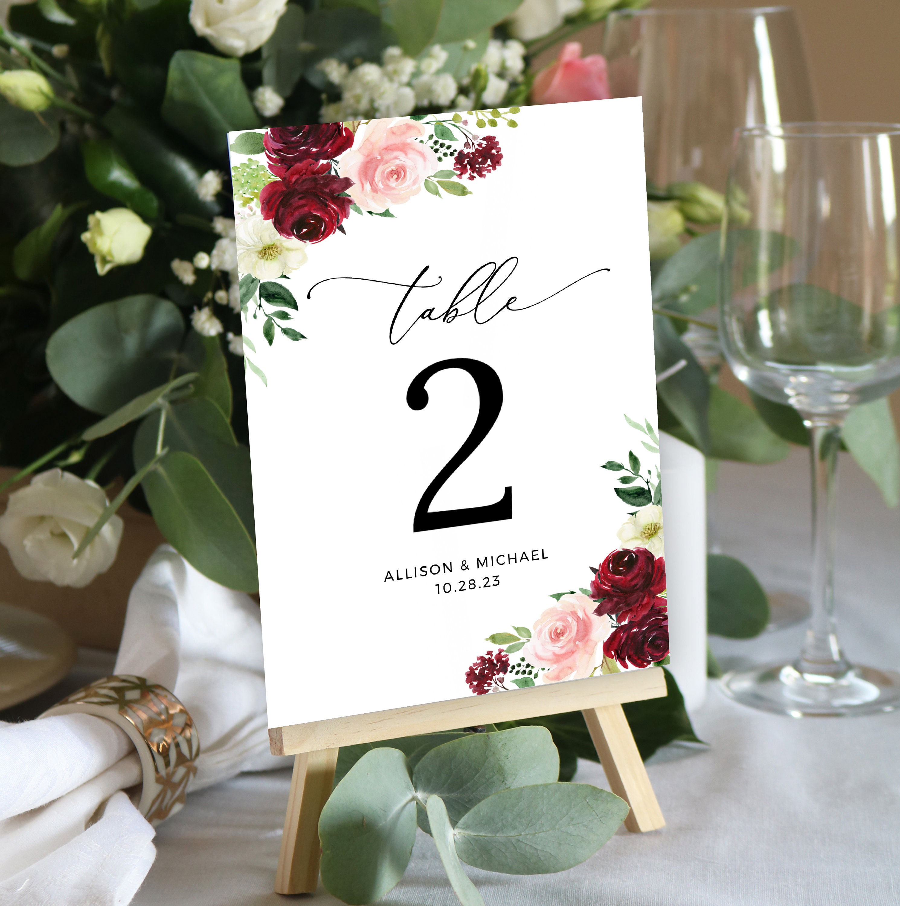 Burgundy and Blush Table Number Template Wedding Table Number Etsy