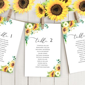 Zonnebloem hangende tafel zitplaatsen kaarten, bruiloft zitplaatsen grafiek, aquarel zonnebloemen sjabloon, vind uw tafelborden, bewerkbaar, print thuis