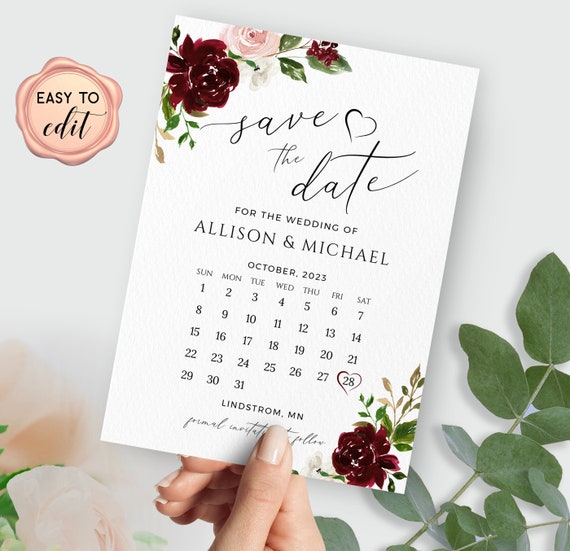 Calendar Save the Date Card, Burgundy Save the Date Template, Printable Save  the Date, Editable With Templett - Etsy