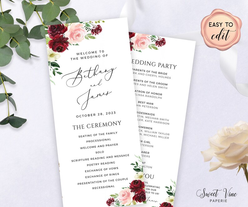 Burgundy Wedding Program, Double Sided Wedding Program Template ...