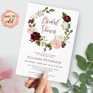 Burgundy Bridal Shower Invitation Template, Watercolor Floral Wedding Shower Invite, Editable Download
