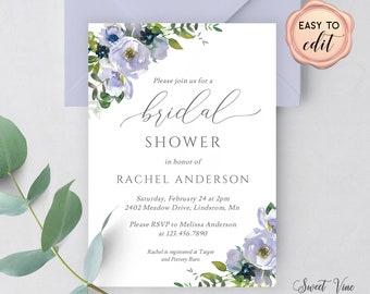 Lavender Blue Floral Bridal Shower Invitation Template, Wedding Shower Invitation, Bridal Shower Invite, Editable with Templett 04C