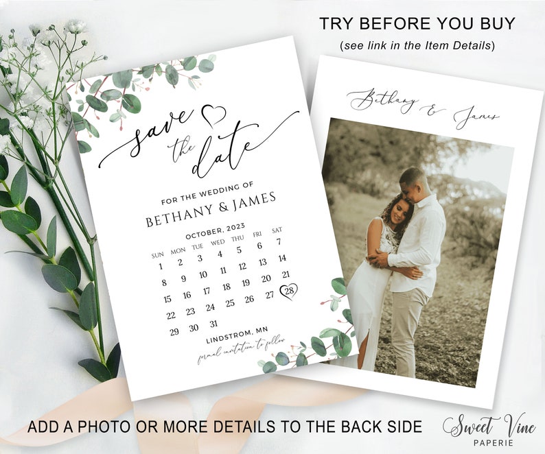 Greenery Save The Date Template, Calendar Save The Date Card, Printable Save The Date, Editable with Templett image 2