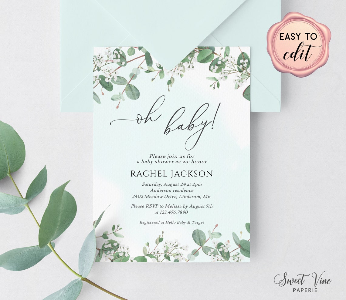 Gender Neutral Baby Shower Invitation Template Eucalyptus Etsy