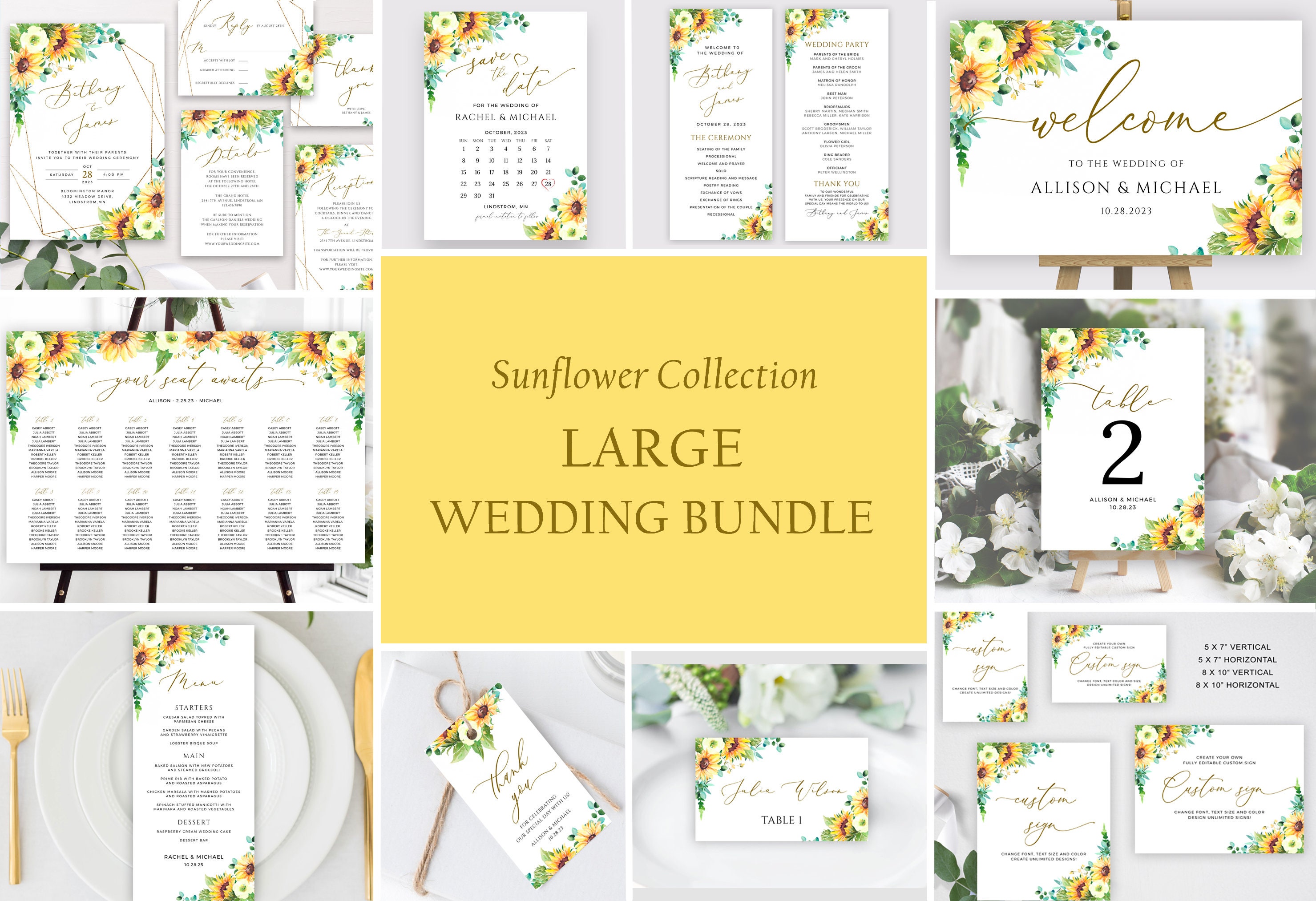 Large Sunflower Wedding Template Bundle Mega Wedding Bundle Sunflower Theme Invitation Suite Editable Templates