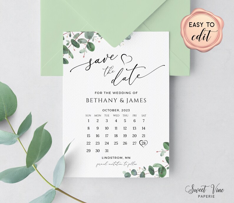 Greenery Save The Date Template, Calendar Save The Date Card, Printable Save The Date, Editable with Templett image 7