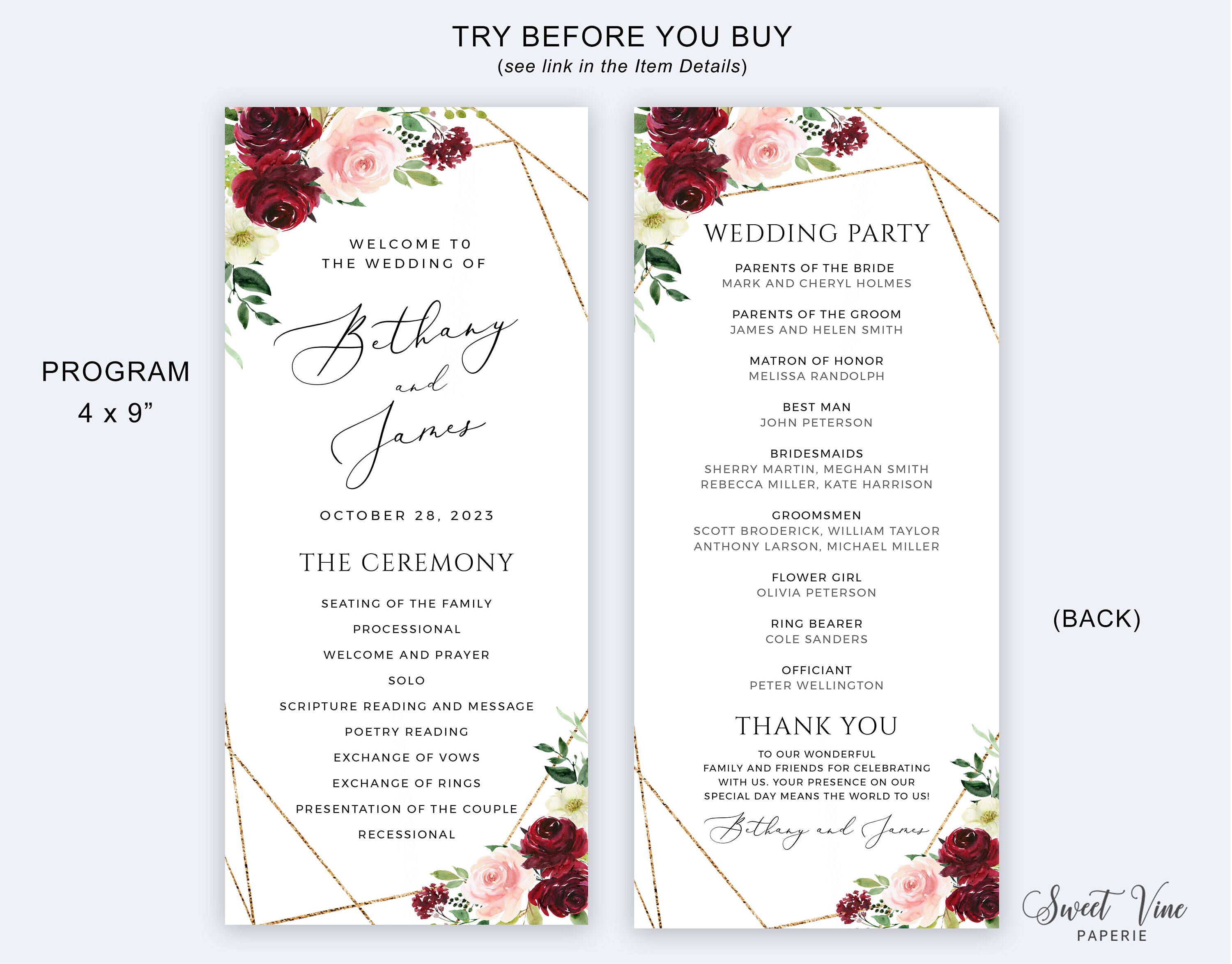 Burgundy &amp; Pink Wedding Program Template, Double Sided Wedding Program ...