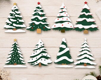 May include: Eight digital illustrations of Christmas trees in various styles, featuring dark green foliage with white snow accents, brown trunks, and star toppers in red, gold, or white. The text 8 CHRISTMAS TREES SVG PNG EPS DXF is visible.