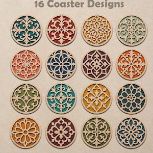 16 Ornamental Mosaic Coaster SVG Bundle, Round Floral Mandala Laser Cut Designs, Wooden Coaster Files, Dxf Png Eps Download