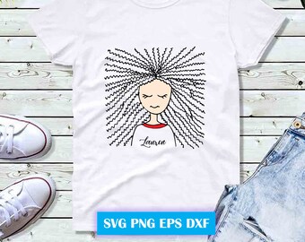 May include: White t-shirt with a black and white illustration of a person with long, curly hair and the name "Lauren" printed on the shirt.