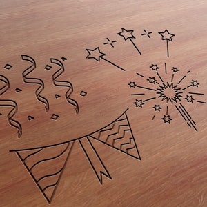 May include: A brown wooden surface featuring a laser-engraved design of party elements. The engraving includes three swirling ribbons, scattered confetti, a firework burst with star-shaped tips, and two triangular bunting flags with patterns.
