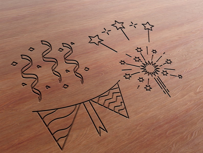 May include: A brown wooden surface featuring a laser-engraved design of party elements. The engraving includes three swirling ribbons, scattered confetti, a firework burst with star-shaped tips, and two triangular bunting flags with patterns.