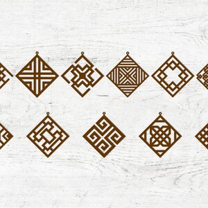 May include: Twelve brown geometric designs in the shape of a diamond. Each design is unique and features intricate patterns.