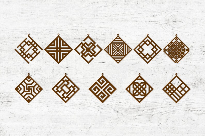May include: Twelve brown geometric designs in the shape of a diamond. Each design is unique and features intricate patterns.