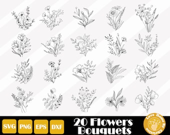 20 buquê floral Svg, pacote de flores Svg, clipart de buquê, arquivo de corte floral para arquivos de silhueta Cricut, corte fácil, download instantâneo