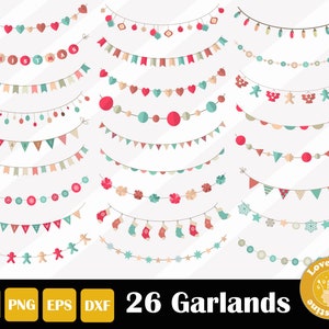 May include: A set of 26 digital clipart images of festive garlands. The garlands feature various designs, including hearts, stars, snowflakes, Christmas trees, and ornaments. The garlands are in a variety of colors, including red, green, blue, and white.