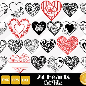 24 Paper Cut Heart Svg, Floral Heart Svg, Valentines Svg, Heart Cut File For Cricut Silhouette, Easy Cut, Instant Download