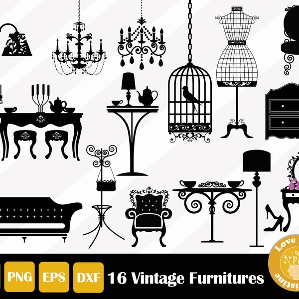16 Furniture SVG, Antique Furniture SVG Files for Cricut Silhouette Files, Easy Cut, Commercial Use, Instant Download