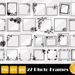 May include: A set of 27 black and white photo frame illustrations with various floral, geometric, and heart designs. The frames are perfect for adding a touch of elegance to your digital projects.