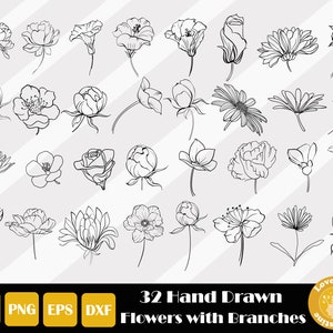 Handgetekende bloemen, bloem met tak, handgetekende planten, handgetekende bloemen Svg, zomer svg, bloem svg bundel, instant download