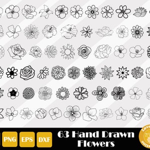 63 Hand Drawn Flowers, Flower Svg Bundle, Line Art Flower Svg, Flowers Clipart, Flower Outlines, Hand Drawn Floral Svg, Instant Download