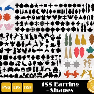 Könnte beinhalten: Eine digitale Sammlung von 188 Ohrringformen in den Formaten SVG, PNG, EPS und DXF. Die Formen umfassen verschiedene Designs wie Tiere, Blumen und geometrische Formen. Der Text "188 Earring Shapes" ist ebenfalls enthalten.