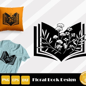 May include: Black and white silhouette of an open book with floral designs inside. The book is closed on the bottom and open on the top. The flowers are stylized and have a simple design.