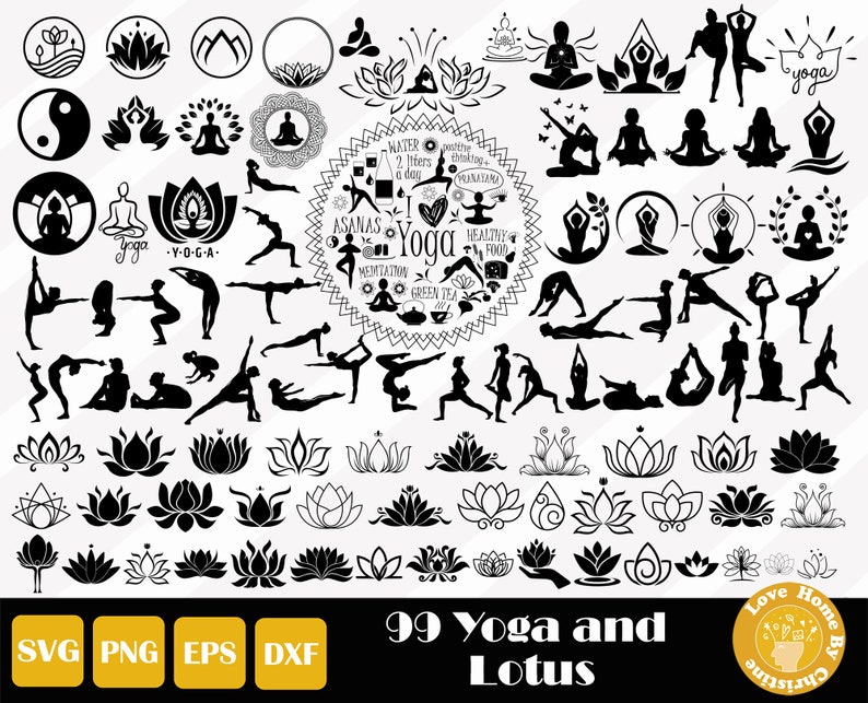 May include: A black and white digital download of 99 yoga and lotus illustrations. The illustrations include yoga poses, lotus flowers, and other yoga-related designs. The text "99 Yoga and Lotus" is at the bottom of the image.