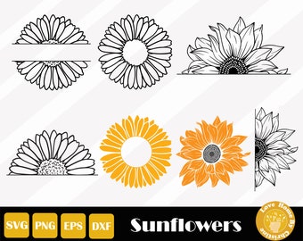 Half Sunflower Svg, Sunflower Svg, Sunflower Clipart, Split Sunflower Svg, Sunflower Cut File For Cricut Silhouette Files, Instant Download