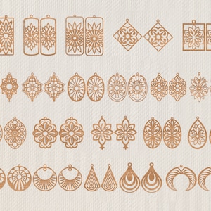 May include: A collection of laser-cut wooden earrings in various shapes and floral designs. The earrings include rectangular, square, oval, teardrop, and crescent shapes, all in a warm, natural wood tone. The intricate cut-out patterns create a delicate and artistic look.