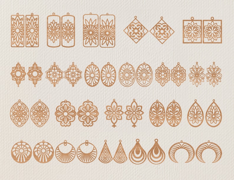 May include: A collection of laser-cut wooden earrings in various shapes and floral designs. The earrings include rectangular, square, oval, teardrop, and crescent shapes, all in a warm, natural wood tone. The intricate cut-out patterns create a delicate and artistic look.