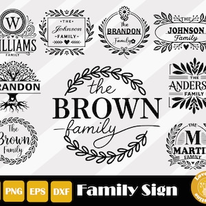 May include: A collection of 10 black and white family name signs with various designs. The signs feature different fonts, floral wreaths, and tree designs. The text on the signs includes "The Johnson Family", "The Brandon Family", "Williams Family", "The Brown Family", "The Anderson Family", and "The Martin Family".
