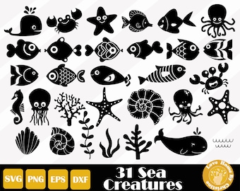 31 Animais marinhos Svg, criaturas marinhas Svg, vida oceânica SVG PNG EPS arquivos para arquivos de silhueta Cricut, corte fácil, download instantâneo