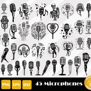 Puede incluir: Un conjunto de 45 ilustraciones de micrófonos en blanco y negro. Los micrófonos son de varios estilos y diseños, incluyendo estilos vintage, modernos y de dibujos animados. Las ilustraciones son perfectas para usar en proyectos digitales e impresos.