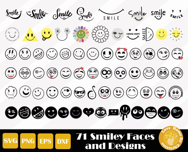 Puede incluir: Un conjunto de 71 ilustraciones de caritas sonrientes y dise&ntilde;os en blanco y negro. Las ilustraciones incluyen varias expresiones, como gui&ntilde;os, gafas de sol, corazones, etc. El texto "71 Smiley Faces and Designs" est&aacute; en la parte inferior de la imagen.