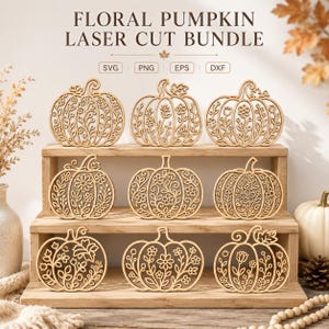 Laserskurna blommiga pumpor, höstpumpaträdekor, höstblommiga pumpadesigner, Thanksgiving-hylla och borddekor, laserskurna filer
