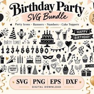 May include: A digital collection of black birthday-themed icons, including balloons, cakes, party hats, banners, and numbers. The text reads Birthday Party SVG Bundle, Party Clipart, Party Time, Happy Birthday, Congrats, and SVG PNG EPS DXF.