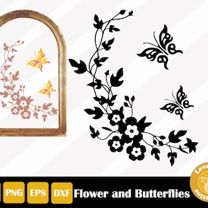May include: A digital design featuring a wooden arched window frame with a floral and butterfly design in shades of brown and yellow. A separate black floral and butterfly design is also shown. The text "Flower and Butterflies" is displayed.