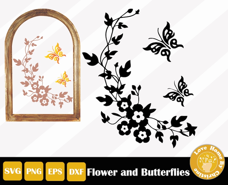 May include: A digital design featuring a wooden arched window frame with a floral and butterfly design in shades of brown and yellow. A separate black floral and butterfly design is also shown. The text "Flower and Butterflies" is displayed.