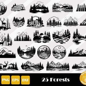 Może przedstawiać: Zestaw 25 czarno-białych ilustracji sylwetek las&oacute;w. Ilustracje przedstawiają g&oacute;ry, drzewa, rzeki, wodospady i jelenie. Tekst "25 Las&oacute;w" znajduje się na dole obrazu.