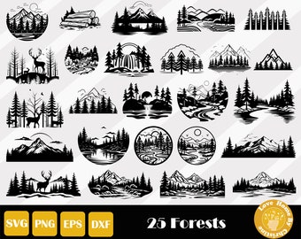 25 Forest Svg, Camping Svg, Nature Svg, Forest Cut File, Landscape Svg, Woodland Svg, Hiking Svg, Adventure Svg, Instant Download