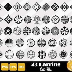 May include: A set of 43 black and white geometric earring designs. The designs are in the shape of circles and squares. The designs are intricate and detailed. The text "43 Earring Cut File" is at the bottom of the image.