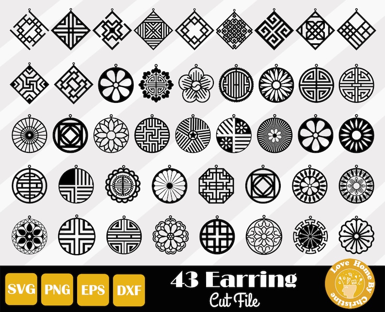 May include: A set of 43 black and white geometric earring designs. The designs are in the shape of circles and squares. The designs are intricate and detailed. The text "43 Earring Cut File" is at the bottom of the image.