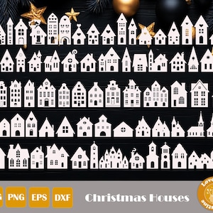 Può includere: Una collezione di ritagli di case natalizie bianche in vari stili architettonici, disposti su uno sfondo nero. Le case presentano diverse linee di tetto, finestre ed elementi decorativi. L'immagine include il testo "Christmas Houses" e icone di tipo di file.