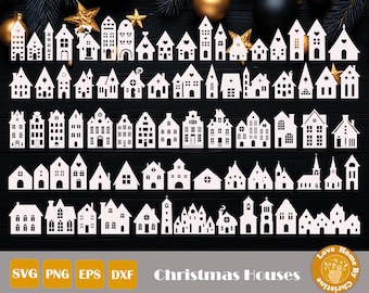 Christmas Village House Silhouettes Bundle | Laser Cut Houses Svg Dxf Png Eps | Winter Town Clipart For Cricut & Glowforge, Paper Cut Files