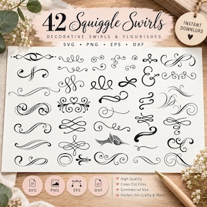 Może przedstawiać: Cyfrowa kolekcja 42 czarnych zawijasów, dekoracyjnych ornamentów i zdobień na białym tle. Tekst 42 Squiggle Swirls Decorative Swirls & Flourishes SVG PNG EPS DXF jest wydrukowany w górnej części arkusza prezentacyjnego.